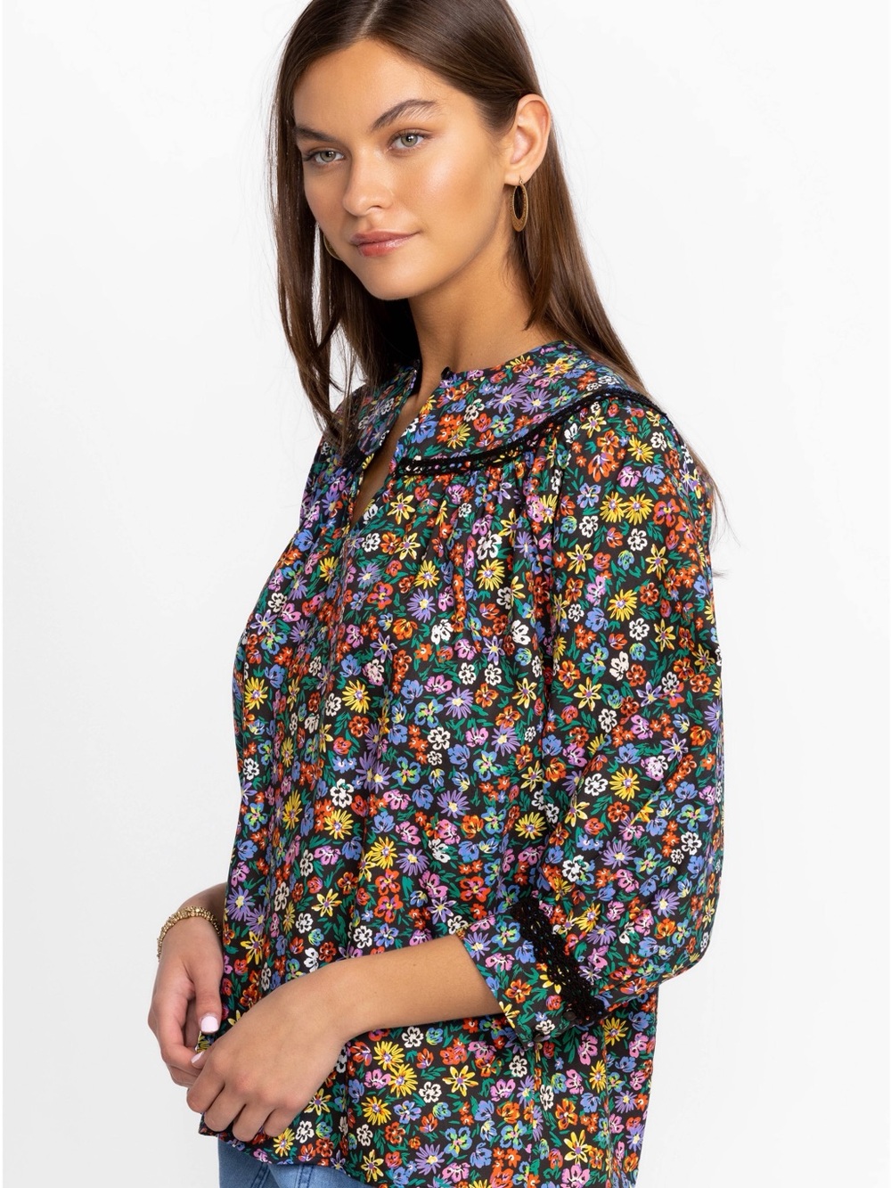 Johnny Was Rosa Poplin Black Floral Peasant Blouse - Picture 8 of 9